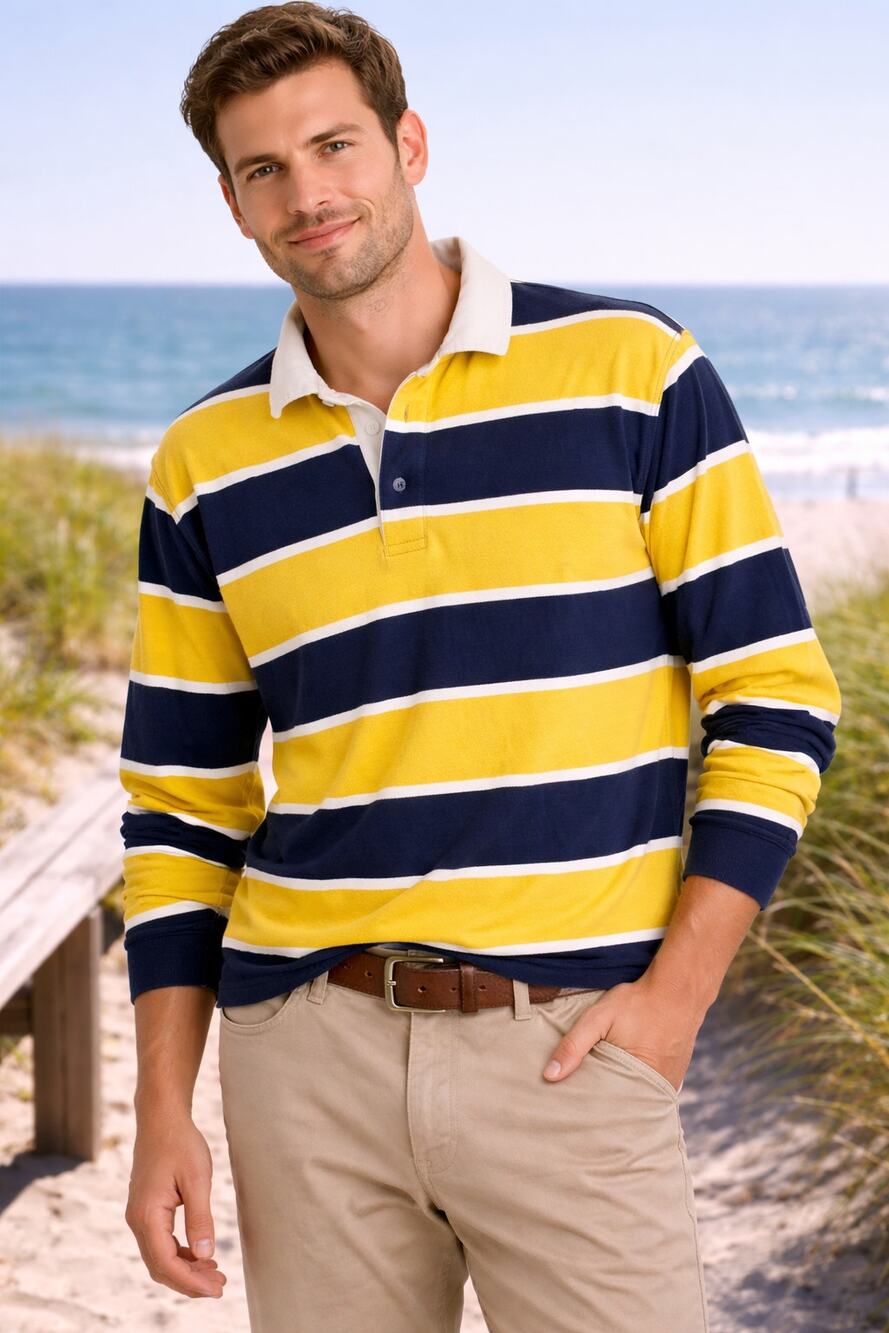 Vintage 90s Lands’ End Rugby Polo Shirt 3XLT Yellow Navy Stripe Preppy Dadcore